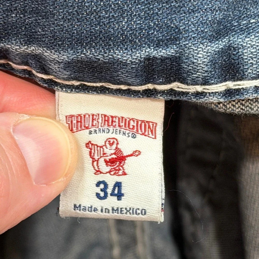 True Religion Slim Flap Pocket Big T Burgundy Stitch Jeans Mens 34x34 Blue Denim